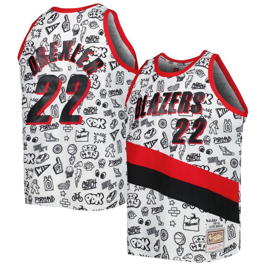 Men's Portland Trail Blazers Clyde Drexler Mitchell & Ness White 1991/92 Hardwood Classics Doodle Swingman Player Jersey - Puhuasuan