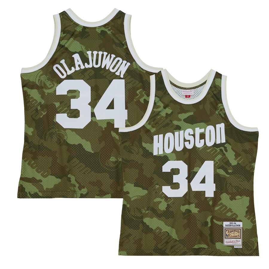 Men's Houston Rockets Hakeem Olajuwon Mitchell & Ness Camo Hardwood Classics 1993/94 Ghost Green Swingman Jersey - Puhuasuan