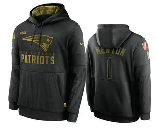 Men's New England Patriots #1 Cam Newton Black 2020 Salute To Service Sideline Performance Pullover Hoodie - Puhuasuan