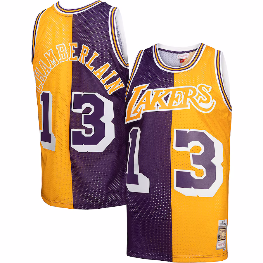 Men's Los Angeles Lakers Wilt Chamberlain Mitchell & Ness Purple/Gold Hardwood Classics 1971/72 Split Swingman Jersey - Puhuasuan
