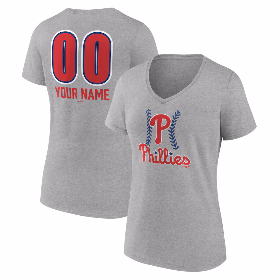 Women's Philadelphia Phillies Gray Personalized Name & Number Fastball V-Neck T-Shirt - Puhuasuan