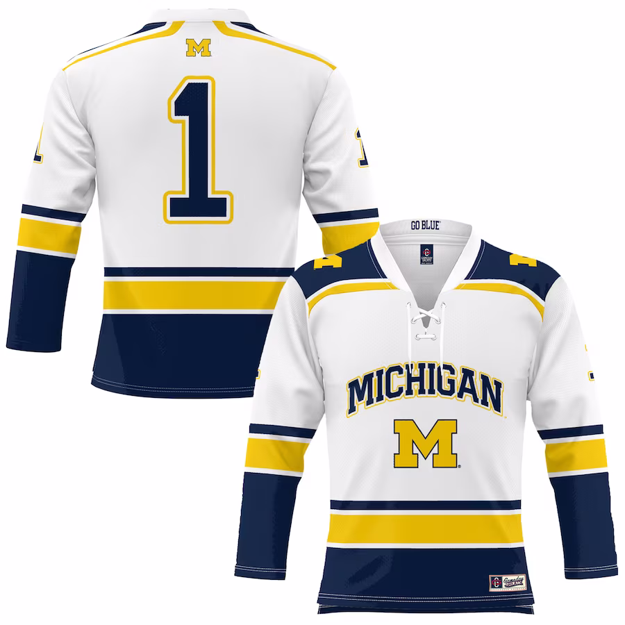 #1 Michigan Wolverines GameDay Greats Hockey Jersey - White - Puhuasuan