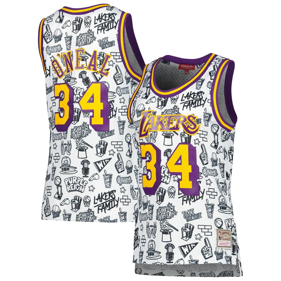 Women's Los Angeles Lakers Shaquille O'Neal Mitchell & Ness White 1996 Doodle Swingman Jersey - Puhuasuan