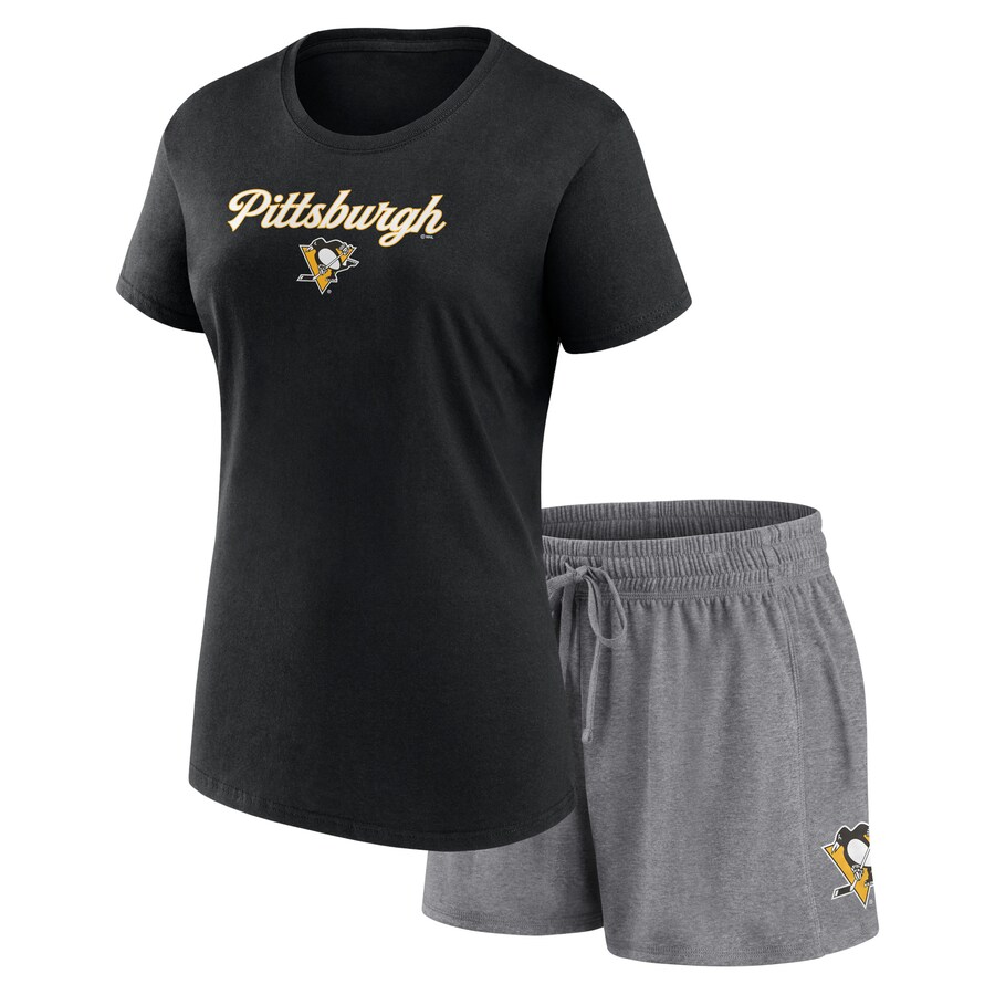 Women's Pittsburgh Penguins Fanatics Black/Gray Script T-Shirt & Shorts Set - Puhuasuan