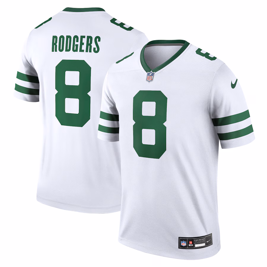 Men's New York Jets Aaron Rodgers Nike Legacy White Legend Player Performance Top - Puhuasuan
