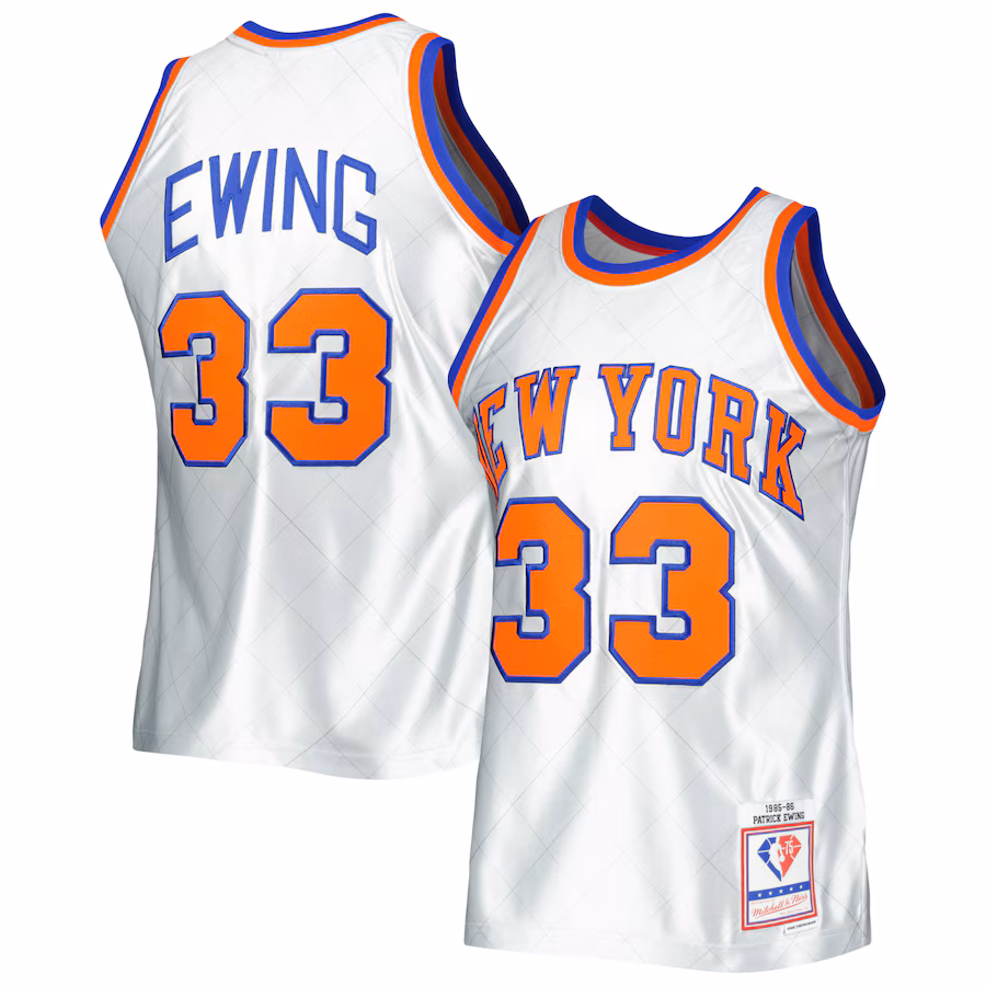 Men's New York Knicks Patrick Ewing Mitchell & Ness Platinum 1985/86 Hardwood Classics 75th Anniversary Swingman Jersey - Puhuasuan