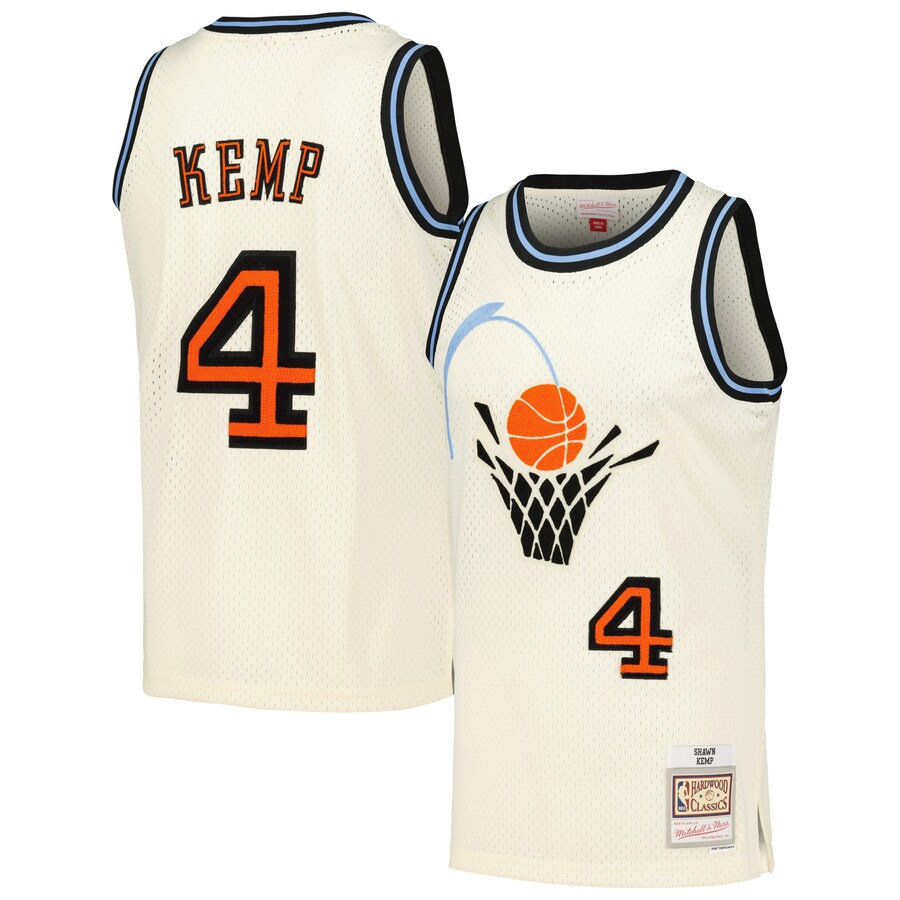 Men's Cleveland Cavaliers Shawn Kemp Mitchell & Ness Cream Chainstitch Swingman Jersey - Puhuasuan