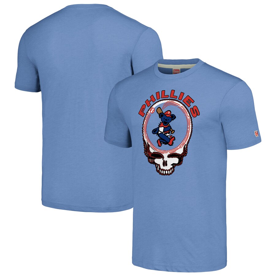 Men's Philadelphia Phillies Homage Light Blue Grateful Dead Tri-Blend T-Shirt - Puhuasuan