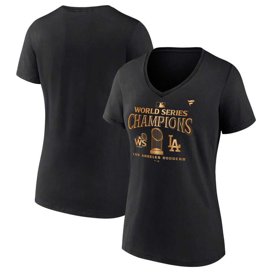 Women's Los Angeles Dodgers Fanatics Black 2024 World Series Champions Parade V-Neck T-Shirt - Puhuasuan