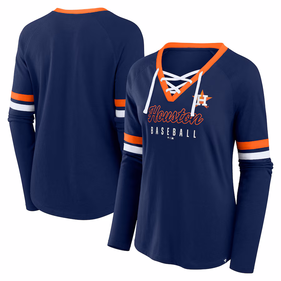 Women's Houston Astros Fanatics Navy Won & Done Raglan Lace-Up Long Sleeve T-Shirt - Puhuasuan