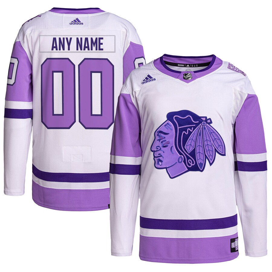 Men's Chicago Blackhawks adidas White/Purple Hockey Fights Cancer Primegreen Authentic Custom Jersey - Puhuasuan