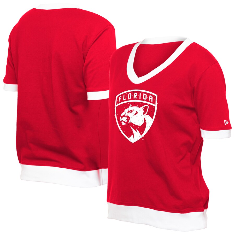Women's Florida Panthers New Era Red Game Day Rhinestuds T-Shirt - Puhuasuan