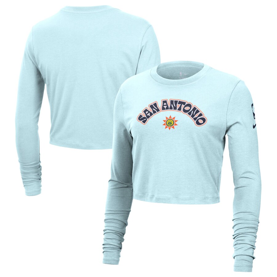Women's San Antonio Spurs Nike Light Blue 2024/25 City Edition Essential Logo Slim Fit Long Sleeve Cropped T-Shirt - Puhuasuan
