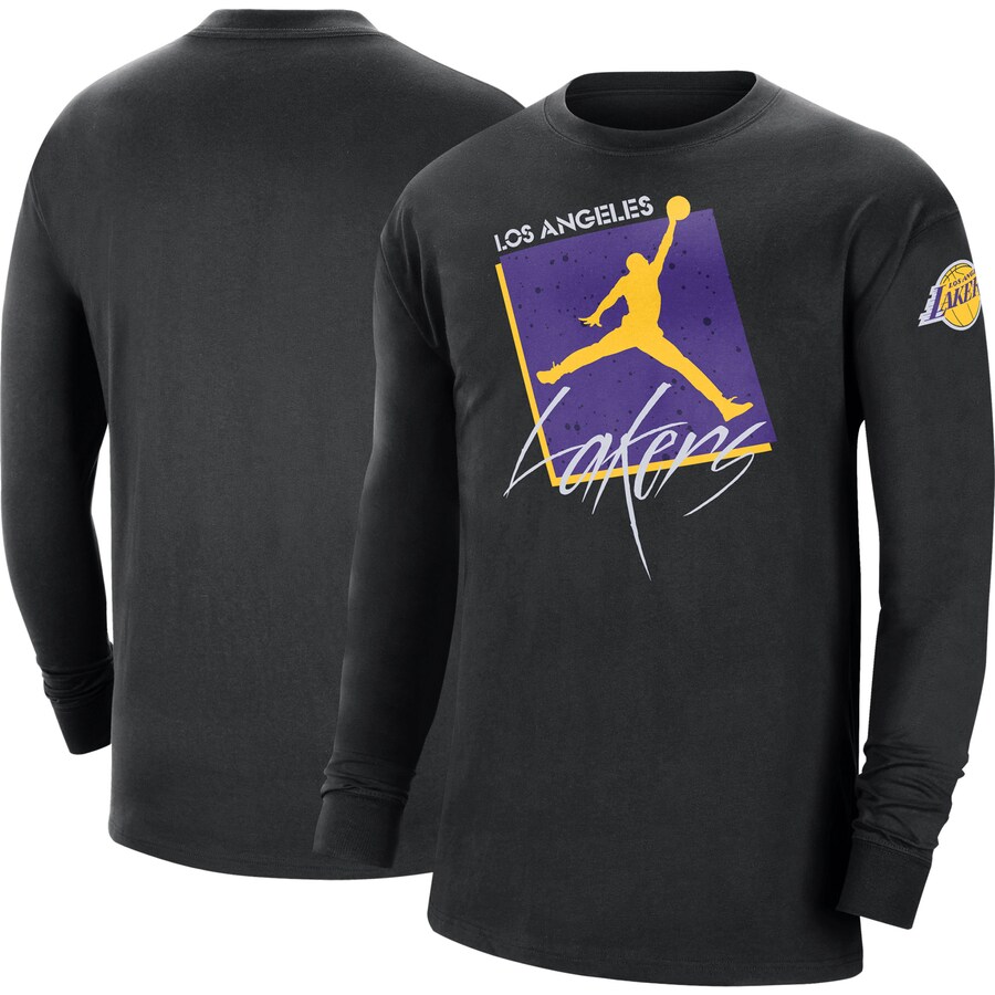 Men's Los Angeles Lakers Jordan Brand Black Courtside Max 90 Vintage Wash Statement Edition Long Sleeve T-Shirt - Puhuasuan