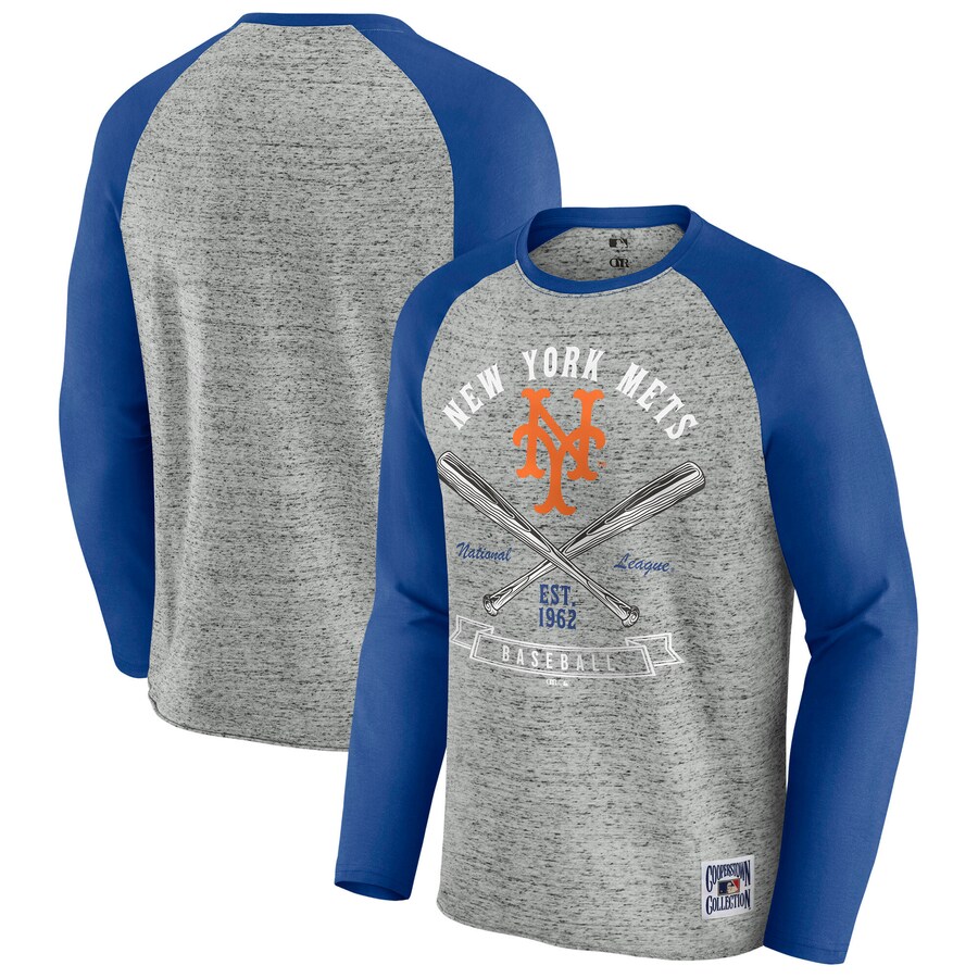 Men's New York Mets Darius Rucker Collection by Fanatics Heather Gray Raw Edge Raglan Long Sleeve Baseball T-Shirt - Puhuasuan