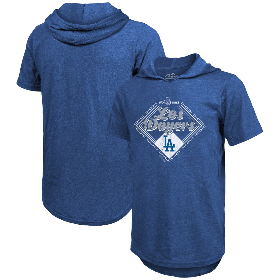 Men's Los Angeles Dodgers Majestic Threads Royal 2024 World Series Champions Tri-Blend Hoodie T-Shirt - Puhuasuan