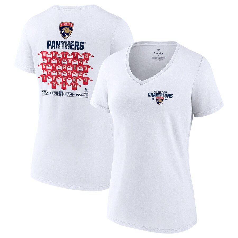 Women's Florida Panthers Fanatics White 2024 Stanley Cup Champions Jersey Roster V-Neck T-Shirt - Puhuasuan