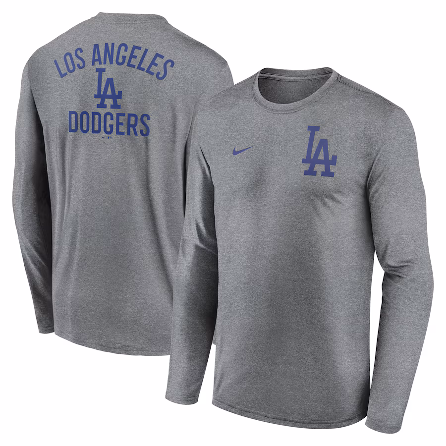 Men's Los Angeles Dodgers Nike Heather Charcoal 2-Hit Legend Performance Long Sleeve T-Shirt - Puhuasuan