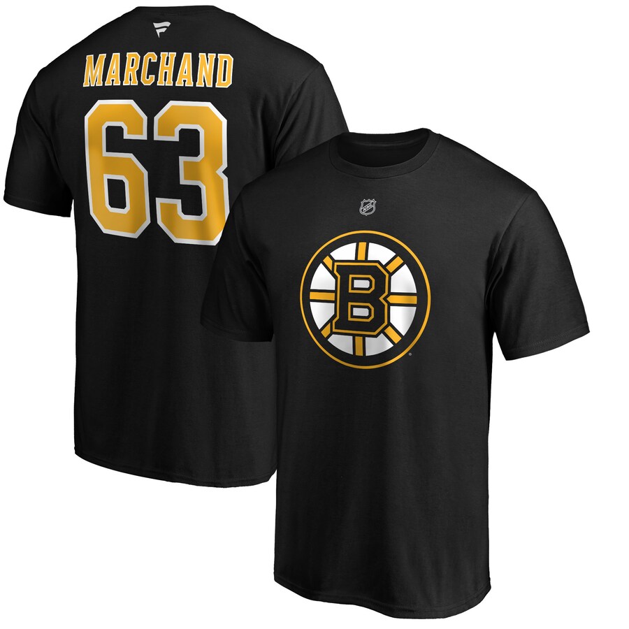 Men's Boston Bruins Brad Marchand Fanatics Black Team Authentic Stack Name & Number T-Shirt - Puhuasuan