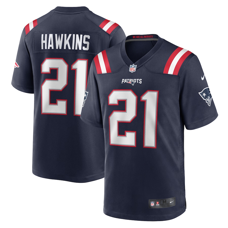 Men's New England Patriots Jaylinn Hawkins Nike Navy Game Jersey - Puhuasuan