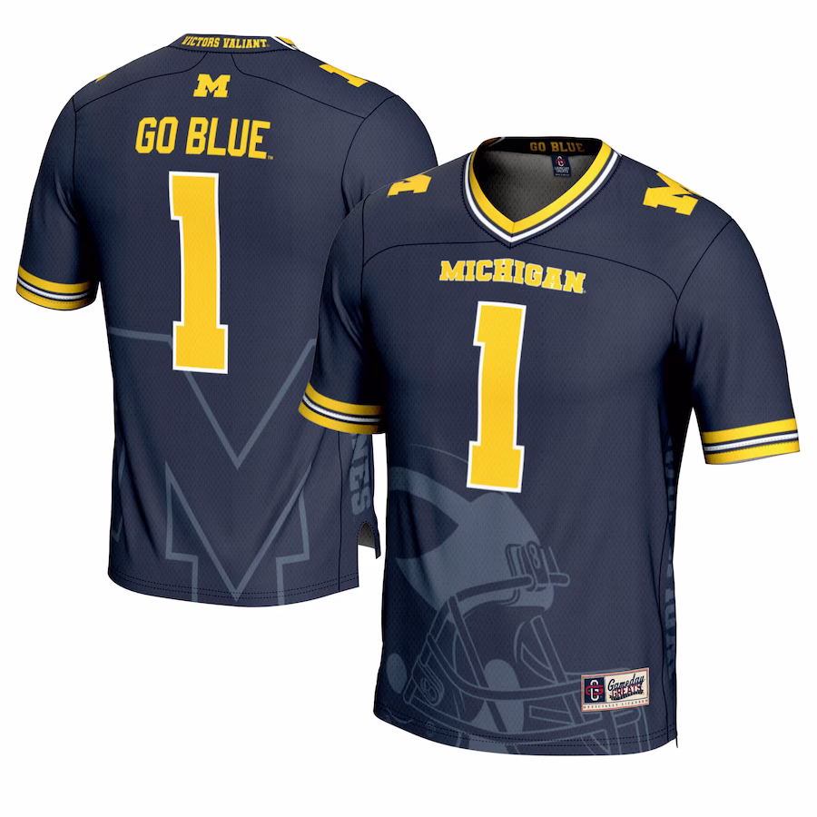 Michigan Wolverines #1 GameDay Greats Navy Icon Print Football Fashion Jersey - Puhuasuan