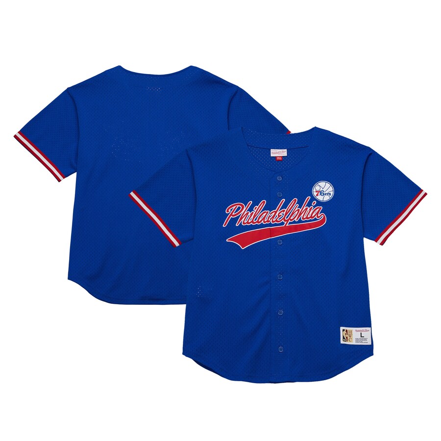Men's Philadelphia 76ers  Mitchell & Ness Royal Hardwood Classics On The Clock Mesh Fashion Baseball Jersey - Puhuasuan