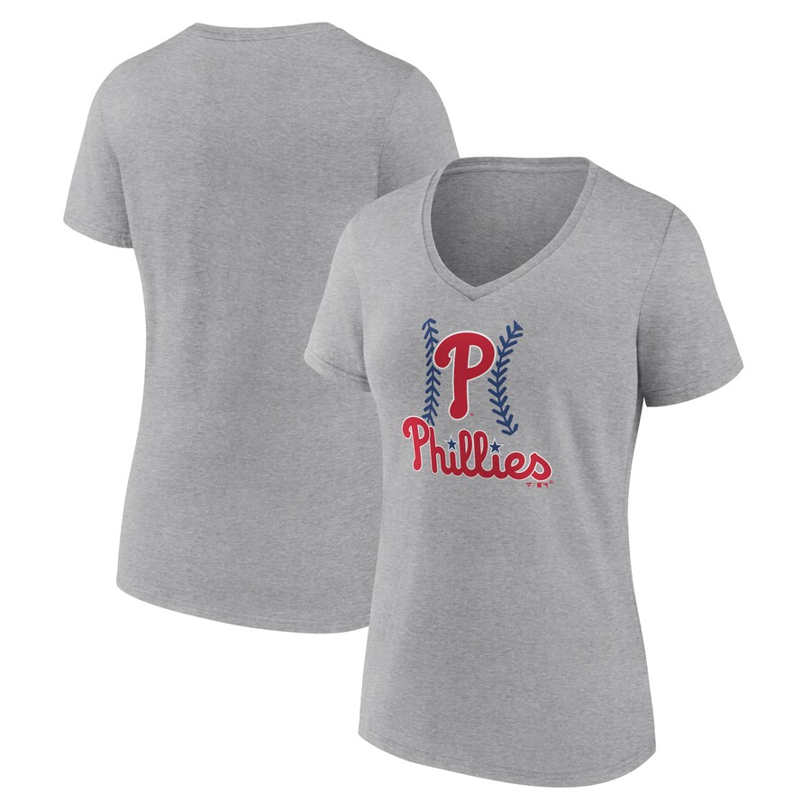 Women's Philadelphia Phillies Gray Fastball V-Neck T-Shirt - Puhuasuan