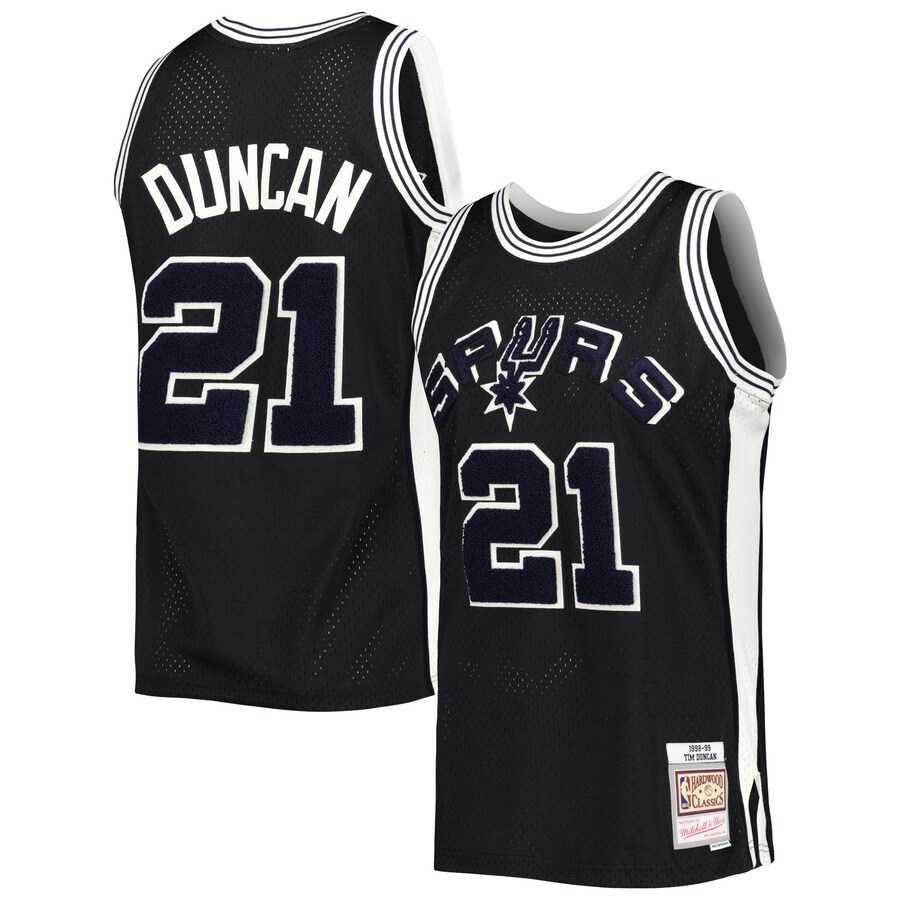 Men's San Antonio Spurs Tim Duncan Mitchell & Ness Black 1998/99 Hardwood Classics Off-Court Swingman Jersey - Puhuasuan