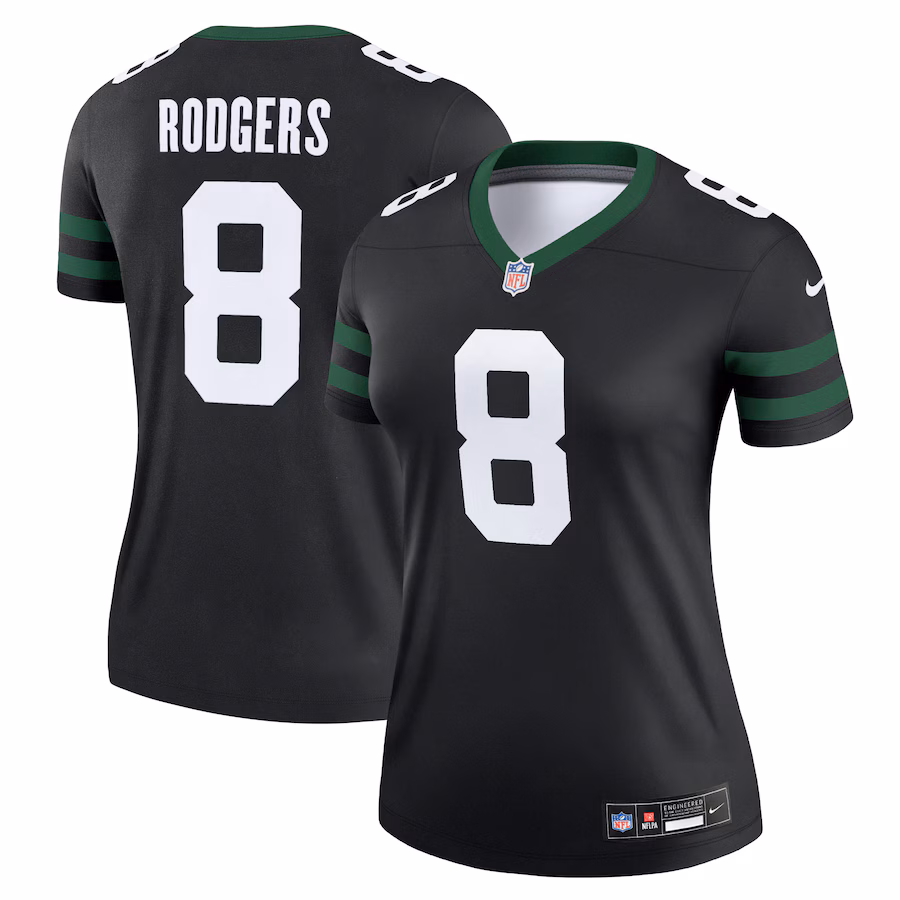 Women's New York Jets Aaron Rodgers Nike Legacy Black Alternate Legend Player Performance Top - Puhuasuan