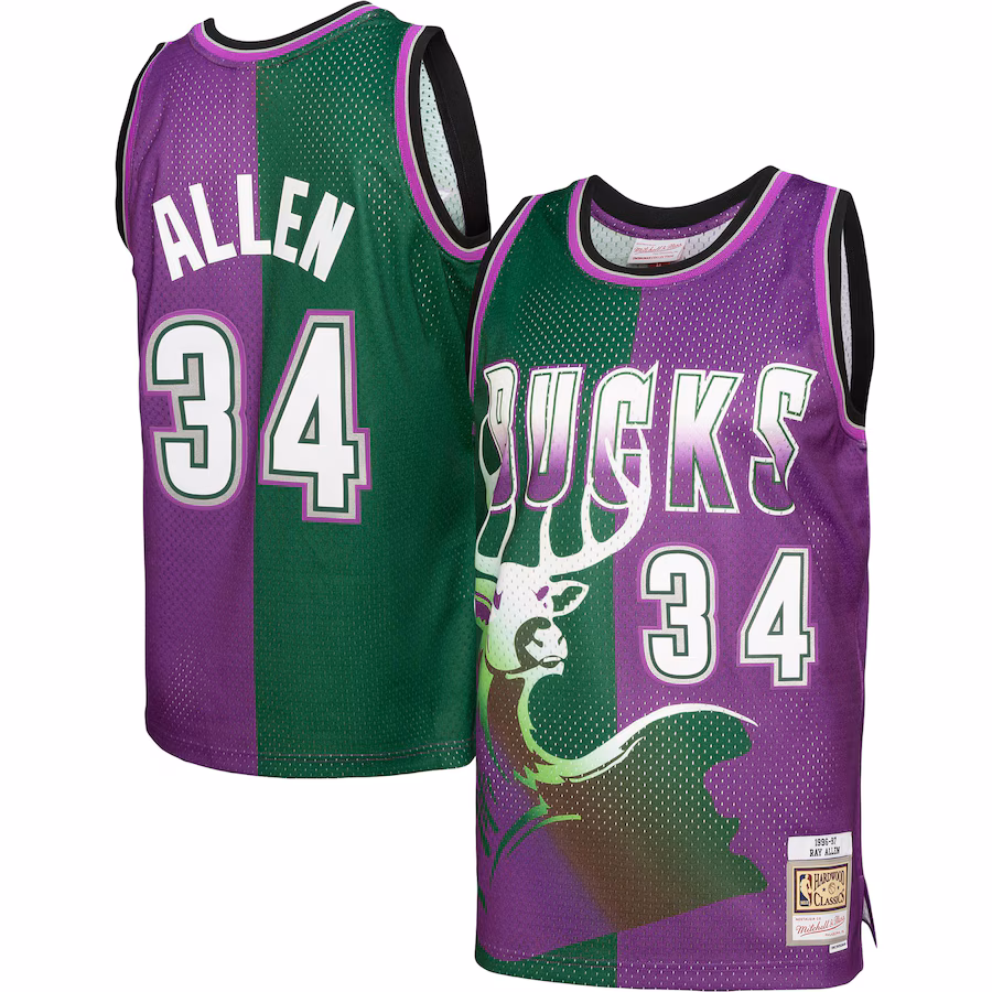 Men's Milwaukee Bucks Ray Allen Mitchell & Ness Green/Purple Hardwood Classics 1996/97 Split Swingman Jersey - Puhuasuan