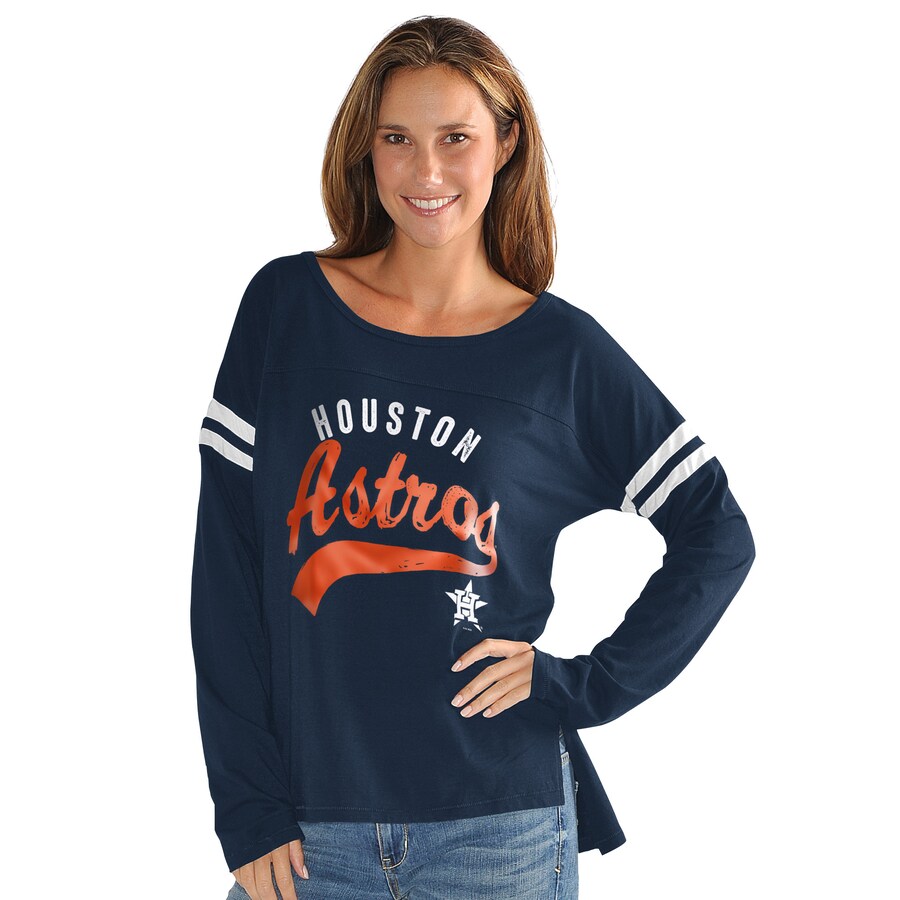 Women's Houston Astros G-III 4Her by Carl Banks Navy Free Agent Distressed Long Sleeve Scoop Neck T-Shirt - Puhuasuan