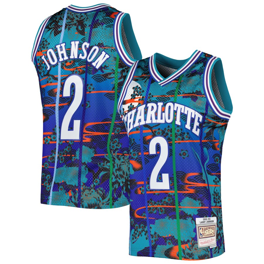 Men's Charlotte Hornets Larry Johnson Mitchell & Ness Teal 1992/93 Hardwood Classics Lunar New Year Swingman Jersey - Puhuasuan