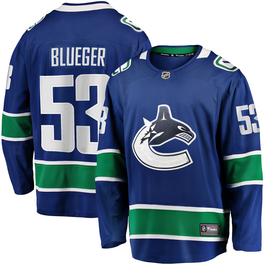 Men's Vancouver Canucks Teddy Blueger Fanatics Branded Blue Home Breakaway Jersey - Puhuasuan