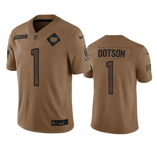 Men's Washington Commanders #1 Jahan Dotson 2023 Brown Salute To Service Limited Football Stitched Jersey - Puhuasuan