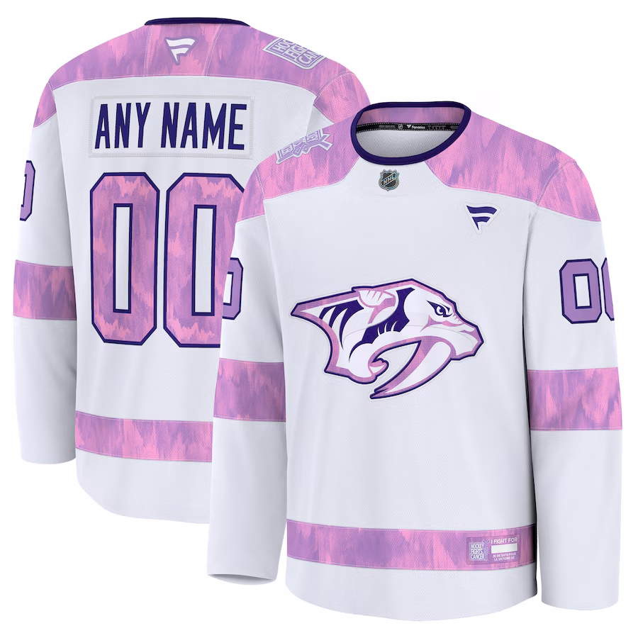 Men's Nashville Predators Fanatics White 2024 Hockey Fights Cancer Custom Practice Jersey - Puhuasuan