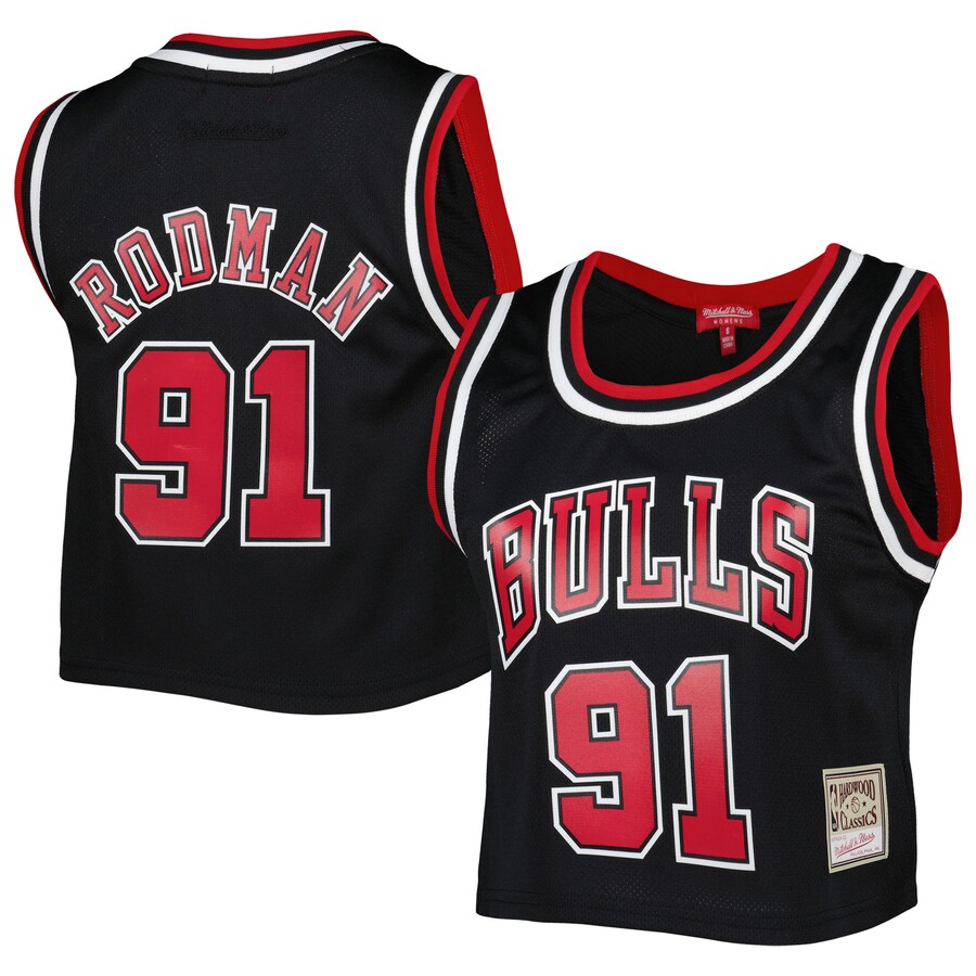 Women's Chicago Bulls Dennis Rodman Mitchell & Ness Black 1997 Hardwood Classics Crop Player Tank Top - Puhuasuan