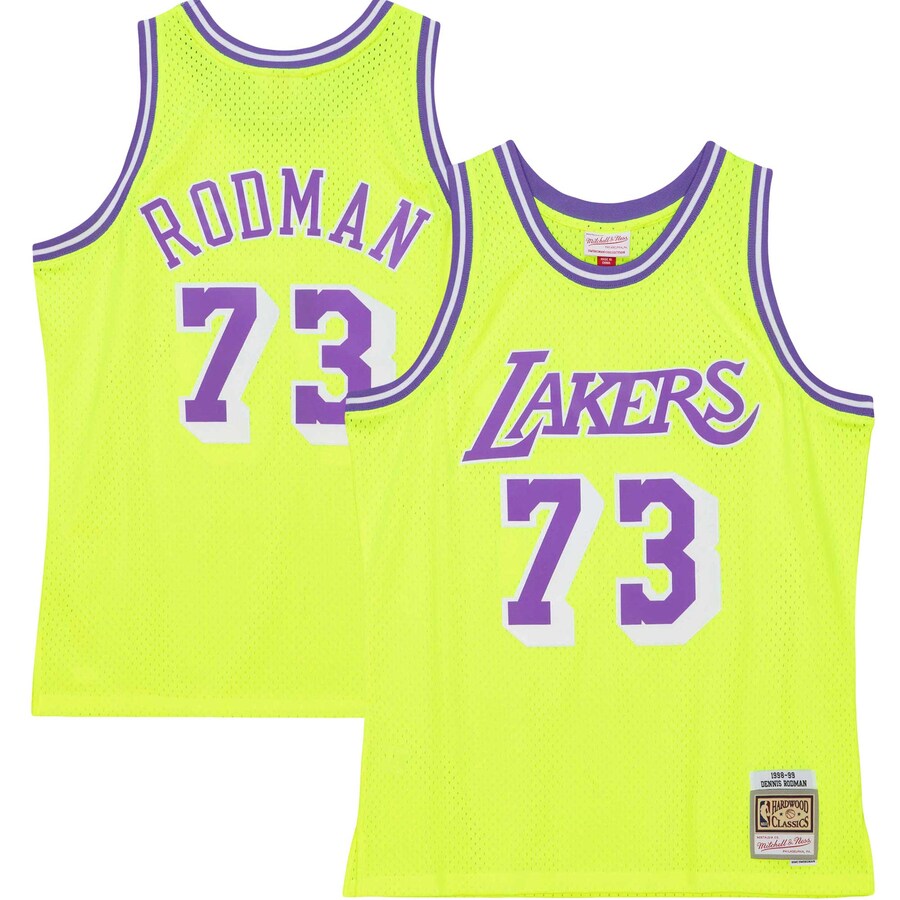 Men's Los Angeles Lakers Dennis Rodman Mitchell & Ness Neon Yellow Hardwood Classics 1998/99 Tropical Swingman Jersey - Puhuasuan