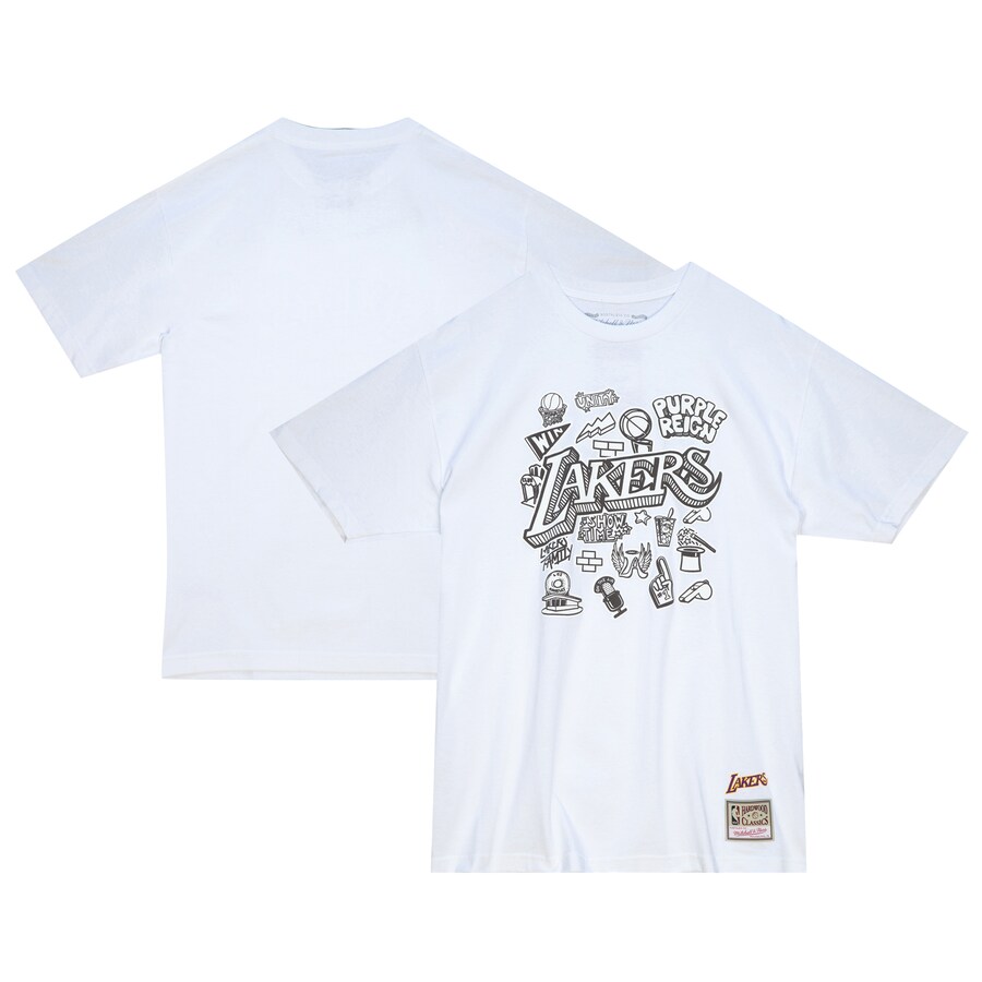 Men's Los Angeles Lakers  Mitchell & Ness White Hardwood Classics Doodle T-Shirt - Puhuasuan