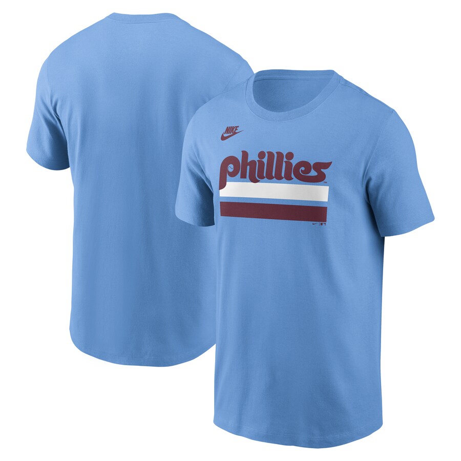 Men's Philadelphia Phillies Nike Light Blue Two Bar Cooperstown Collection Wordmark T-Shirt - Puhuasuan