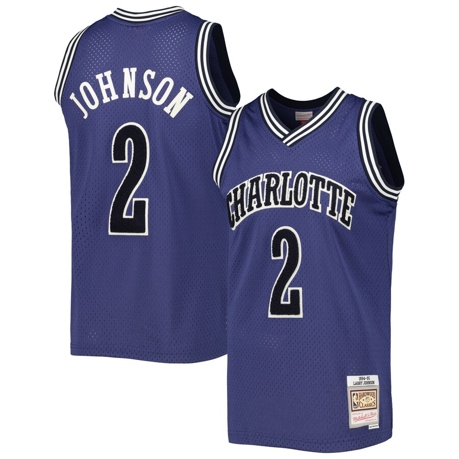 Men's Charlotte Hornets Larry Johnson Mitchell & Ness Purple 1994/95 Hardwood Classics Off-Court Swingman Jersey - Puhuasuan