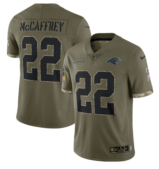 Men's Carolina Panthers #22 Christian McCaffrey 2022 Olive Salute To Service Limited Stitched Jersey - Puhuasuan
