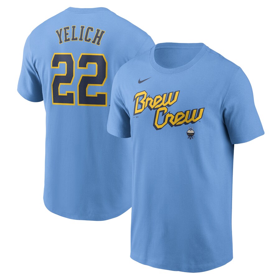 Men's Milwaukee Brewers Christian Yelich Nike Powder Blue City Connect Fuse Name & Number T-Shirt - Puhuasuan