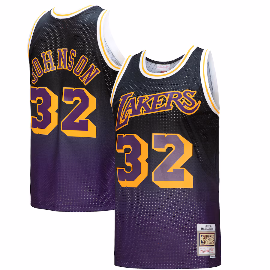 Men's Los Angeles Lakers Magic Johnson Mitchell & Ness Purple/Black 1984/85 Hardwood Classics Fadeaway Swingman Player Jersey - Puhuasuan