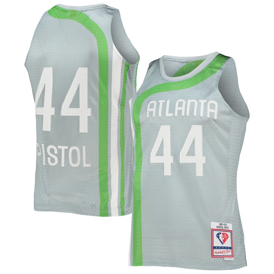 Men's Atlanta Hawks Pete Maravich Silver Mitchell & Ness 75th Anniversary 1971/72 Hardwood Classics Swingman Jersey - Puhuasuan