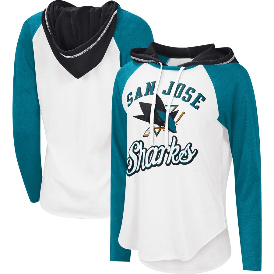 Women's San Jose Sharks G-III Sports by Carl Banks White/Teal MVP Raglan Lightweight Hooded T-Shirt - Puhuasuan