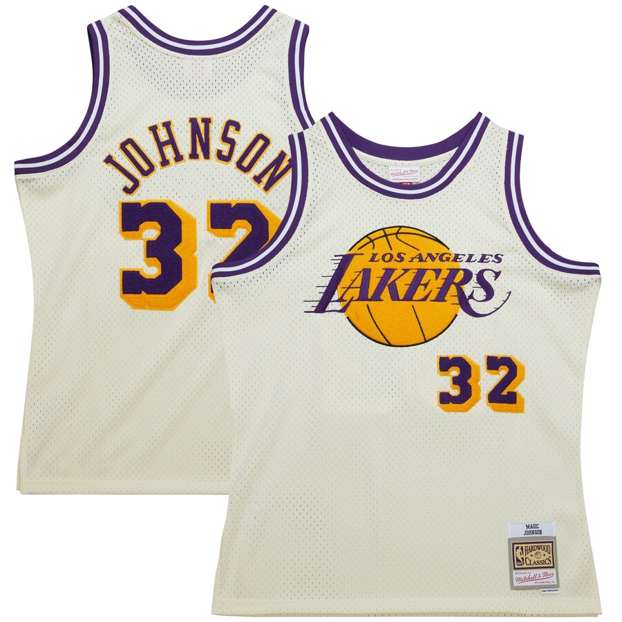 Men's Los Angeles Lakers Magic Johnson Mitchell & Ness Cream Chainstitch Swingman Jersey - Puhuasuan