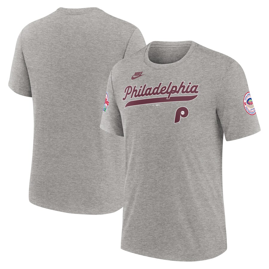 Men's Philadelphia Phillies Nike Heather Gray Cooperstown Collection Eras Tri-Blend T-Shirt - Puhuasuan