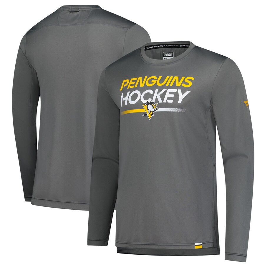 Men's Pittsburgh Penguins Fanatics Gray Authentic Pro Tech Long Sleeve T-Shirt - Puhuasuan