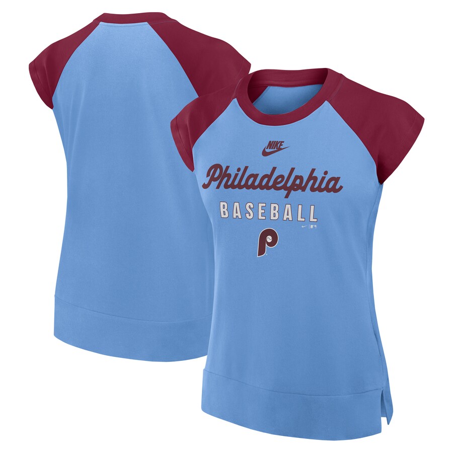 Women's Philadelphia Phillies Nike Light Blue/Burgundy Cooperstown Collection Raglan Performance T-Shirt - Puhuasuan