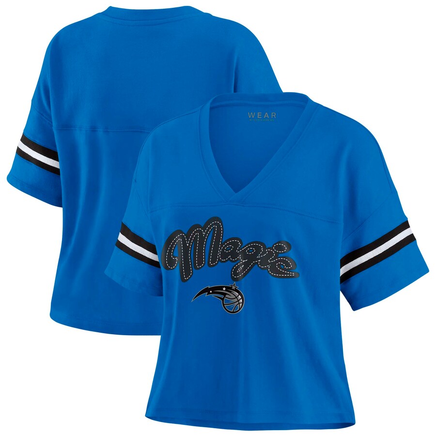 Women's Orlando Magic WEAR by Erin Andrews Blue Color Block Boxy V-Neck T-Shirt - Puhuasuan